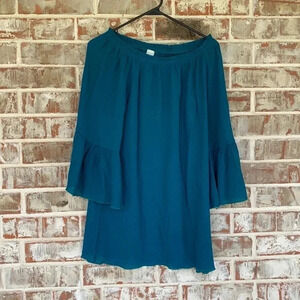 R-Rouge Teal Gauzy Peasant Hobo Bell Sleeve Blouse